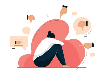 A graphic of a woman sitting down hiding while hands from the digital world point and mock her.